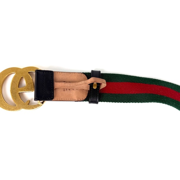GUCCI Web Accent GG Logo Buckle Wide Canvas Leather Belt 95 38